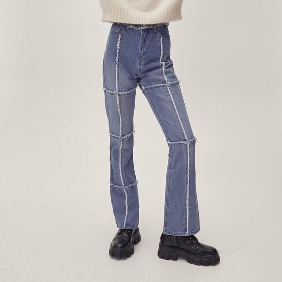 NASTY GAL High Waisted Exposed Seam Patchwork Flare Jeans 2 - Picture 1 of 10